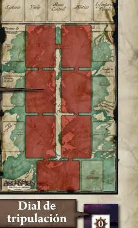 Tablero del Mar Fracturado con los espacios de barco señalados y el dial de tripulación debajo.