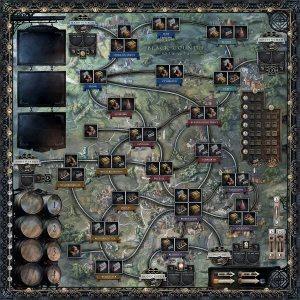 Tablero completo de Brass: Birmingham con sus localizaciones industriales y de comerciante unidas por canales y vías.