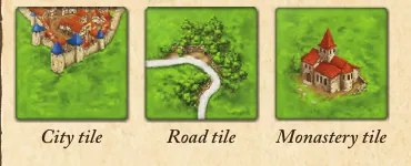 Three Carcassonne tiles —city, road and monastery— with their labels in the rulebook.