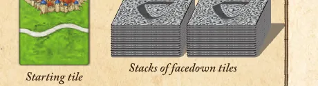 Rulebook diagram showing the start tile on the table and two stacks of face-down tiles.