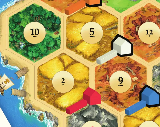 Detalle de la isla durante la fundación: un poblado blanco y carreteras rojas y azules sobre hexágonos de bosque, campos y montañas con sus discos de número.