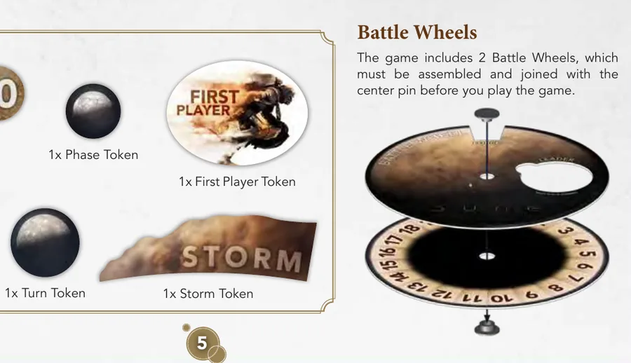 Game components: spice tokens worth 1, 2, 5 and 10, turn, phase, storm and first player markers, and the two assembled battle wheels.