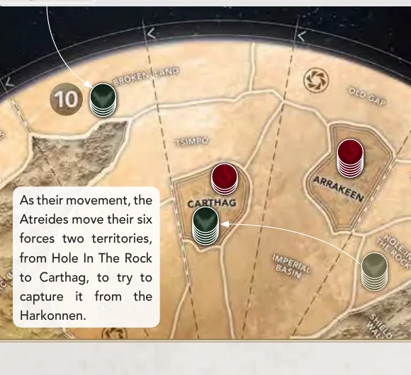 Rulebook example: Atreides ships four forces into Broken Land for four spice and moves six forces two territories to Carthag.