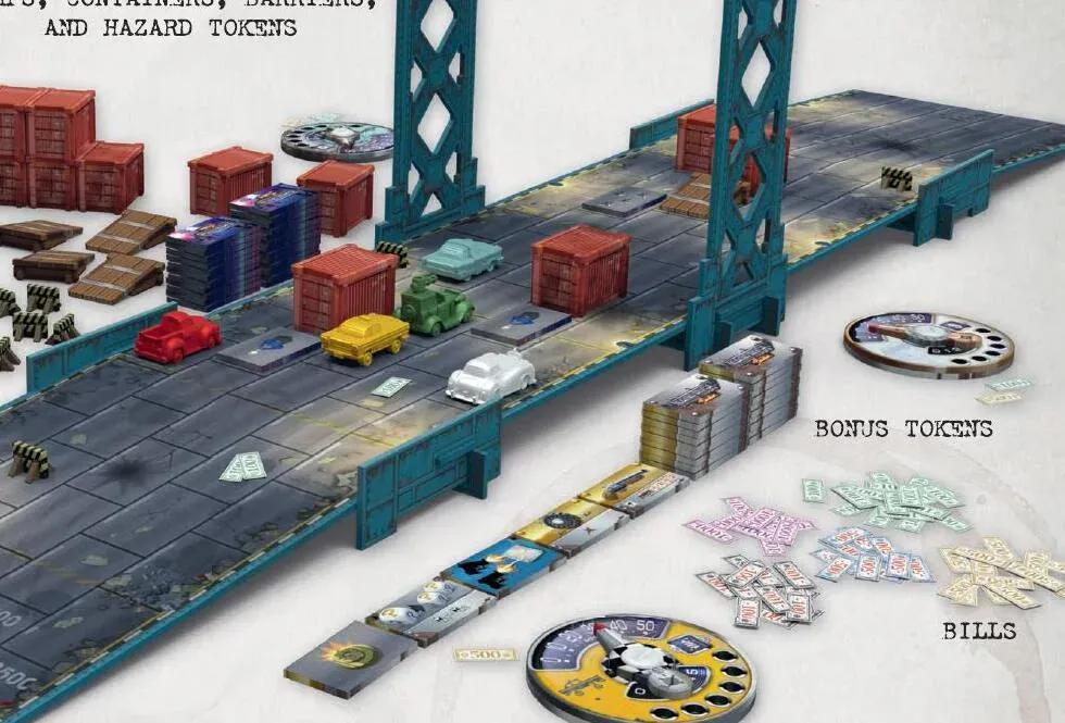 Puente montado con coches, contenedores, peligros y dinero de Gang Rush: Breakout.