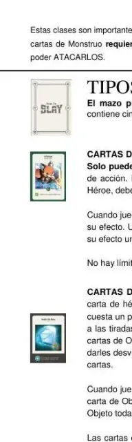 Columna de tipos de carta del reglamento: héroe, objeto, magia, modificadora y desafío.