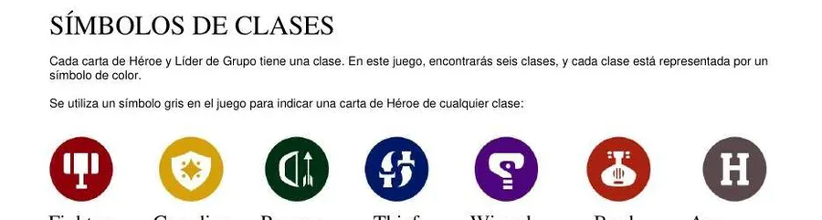 Fila de símbolos de clase del reglamento: Fighter, Guardian, Ranger, Thief, Wizard, Bard y Any.