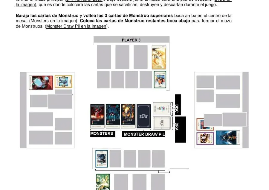 Esquema de montaje del manual con la zona de cada jugador, los mazos centrales y las tres cartas de monstruo.