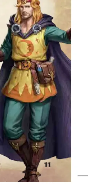 Ilustración del elfo de HeroQuest con túnica amarilla, capa azul y bastón dorado.