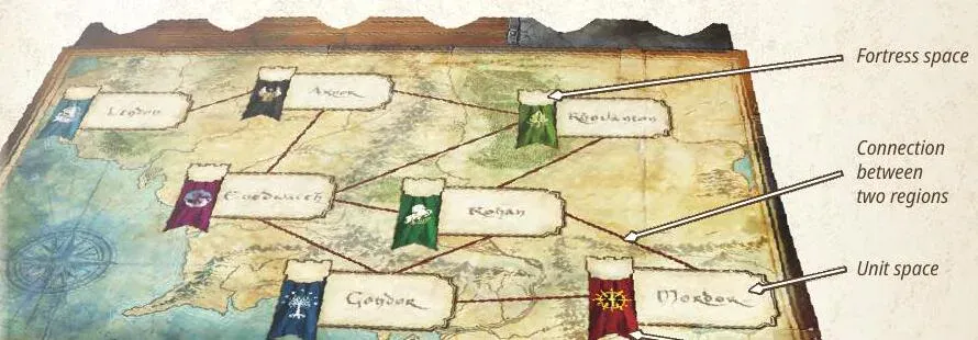 Central board showing the seven connected regions of Middle-earth.