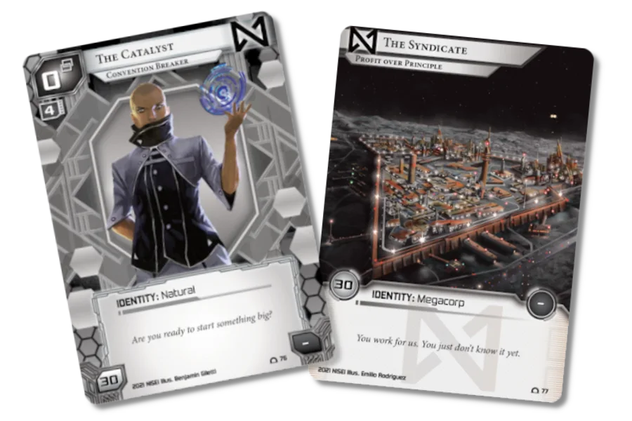 Las dos cartas de identidad de System Gateway: The Catalyst, del bando runner, y The Syndicate, de la corporación.