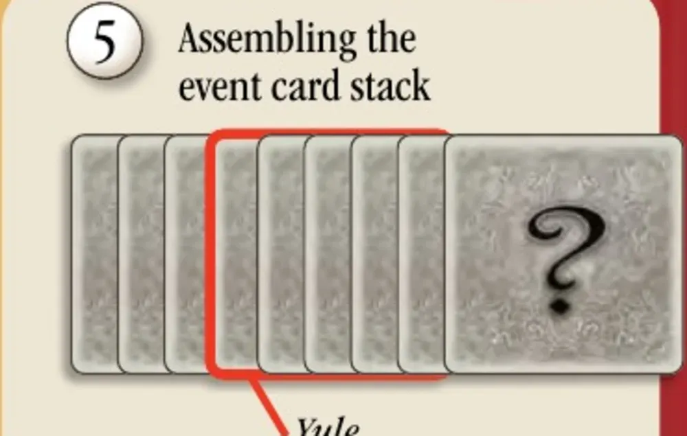 Rulebook diagram for assembling the event deck with the Yule card in the middle.