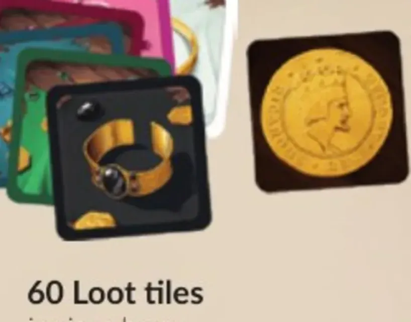 Montón de losetas de botín de seis colores junto a una loseta de moneda.
