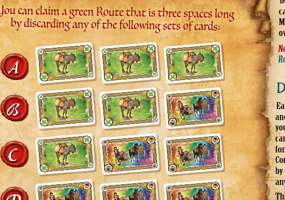 Rulebook example showing four transportation-card combinations for a three-space green route: three matching cards, or matching cards plus wilds.