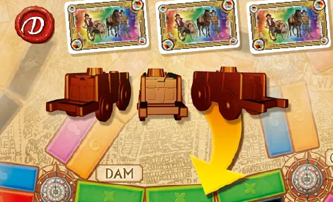 Rulebook example with plastic carts and coloured cards placed on a board route, and an arrow showing the move on the score track.